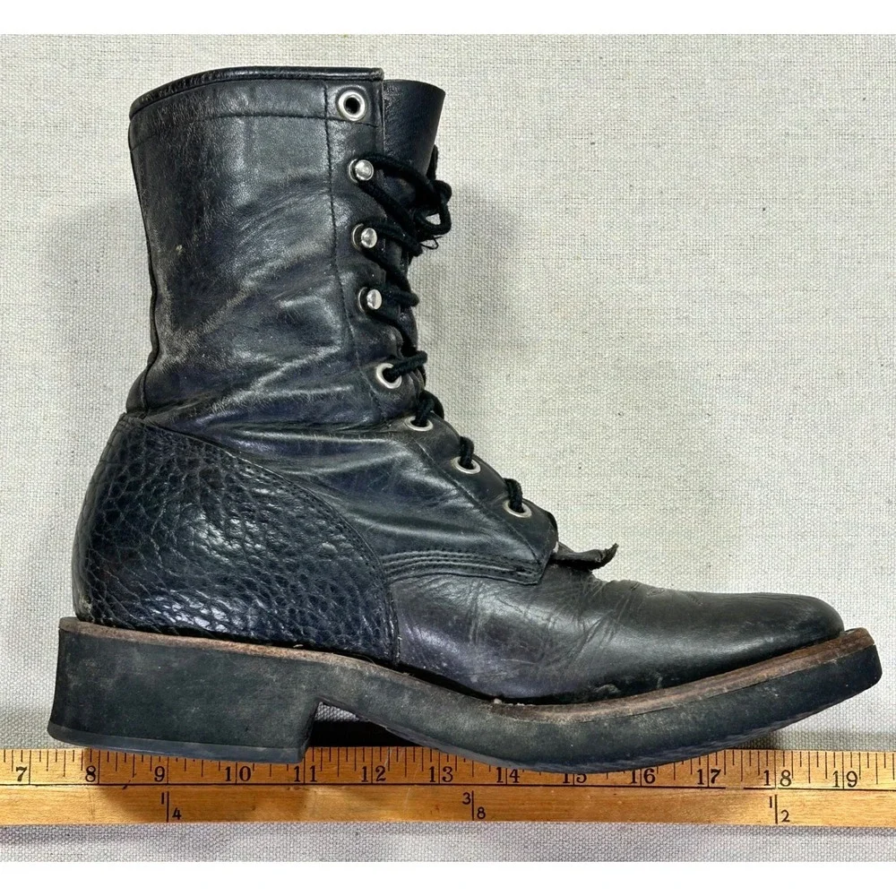 Vintage Justin Men's 8 1/2 B Black Leather Boots Lace‎ Up Speed Lacing Made USA